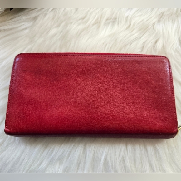YSL Red Leather Zip-Around Signature Logo Wallet - Picture 4 of 17